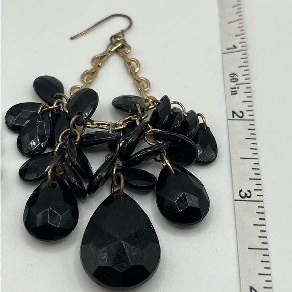 Black Teardrop Beaded Chandelier Earrings with Gold Tone Chain - Picture 2 of 3